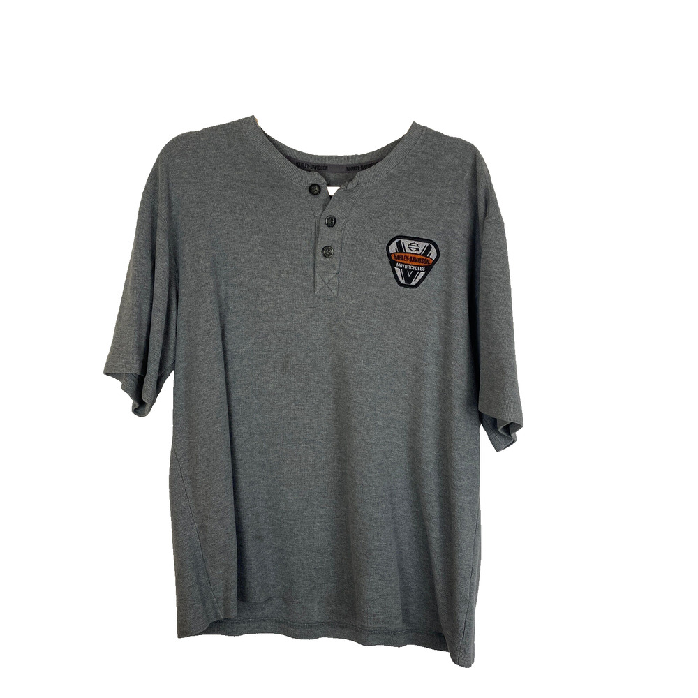 Harley Davidson Henley Thermal Top Sz M/L Gray Embroidered Logo Double-Sided